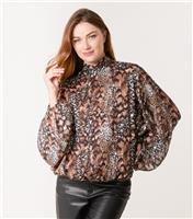 Women's Brown Animal Print Bubble Hem Blouse Blue Vanilla New Look