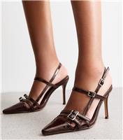 Women's Dark Brown Sushi Patent Faux Leather Slingback Heels Public Desire New Look