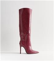 Women's Dark Burgundy Nova Crocodile Embossed Knee High Boots Public Desire New Look