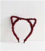 Red Christmas Tinsel Cat Ear Headband New Look