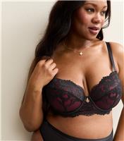 Women's Plus Size Black Floral Lace Contrast Trim Bra Curves New Look