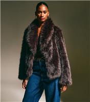 Women's Dark Brown Faux Fur Shawl Collar Coat New Look