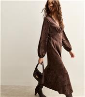 Women's Dark Brown Floral Jacquard Midi Dress New Look