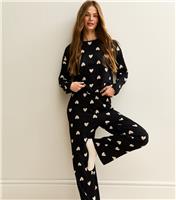 Women's Black Heart Long Sleeve Top and Trousers Pyjama Set New Look
