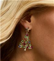 Gold Tone Diamante Embellished Christmas Tree Earrings New Look
