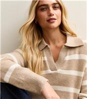 Women's Brown Striped Open Collar Polo Jumper New Look