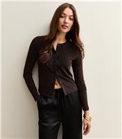 Women's Dark Burgundy Metallic Crew Neck Cardigan New Look