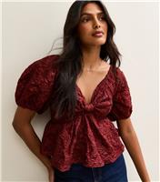 Women's Dark Burgundy Puff Sleeve Bow Top New Look
