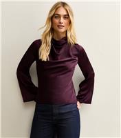 Women's Burgundy Satin Cowl Neck Long Sleeve Top New Look