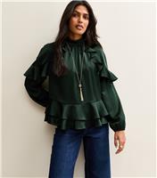 Women's Green Satin Frill Raglan Shirt New Look