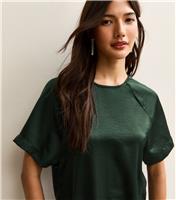 Women's Dark Green Satin Short Raglan Sleeve Top New Look