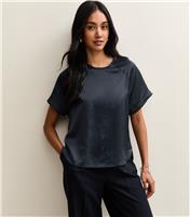 Women's Navy Satin Short Raglan Sleeve Top New Look