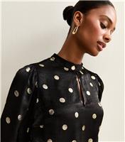 Women's Black Foiled Polka Dot Keyhole Neck Blouse New Look