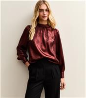 Women's Dark Burgundy Metallic High Neck Blouse New Look