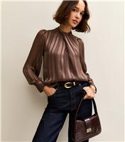 Women's Dark Brown Metallic Stripe High Neck Blouse New Look