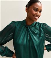 Women's Dark Green Metallic Stripe High Neck Blouse New Look