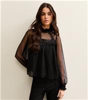 Women's Black Dobby Mesh High Neck Blouse New Look