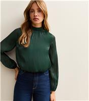 Women's Green Shimmer High Neck Long Sleeve Bubble Hem Top New Look