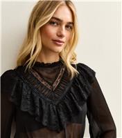 Women's Black Lani Lace Insert Chiffon High Neck Blouse New Look
