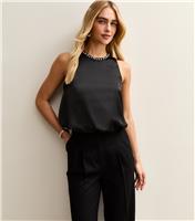 Women's Black Satin Bubble Hem Top New Look