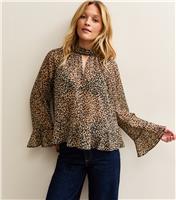 Women's Brown Animal Print High Neck Keyhole Blouse New Look
