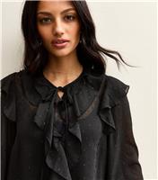 Women's Black Metallic Spot Frilly Trimmed Blouse New Look