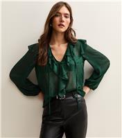 Women's Dark Green Metallic Spot Frilly Trimmed Blouse New Look