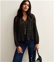 Women's Black Gold Pattern Long Sleeve Blouse New Look