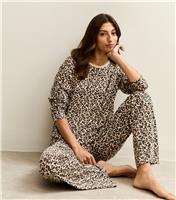 Women's Tall Brown Leopard Print Long Sleeve Top and Trousers Pyjama Set New Look