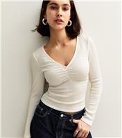 Women's White Textured Ruched Long Sleeve Top New Look