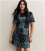 Women's Black Rose Print Flutter Sleeve Mini Dress New Look