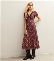 Women's Brown Floral Print Lace Trimmed Midi Dress New Look