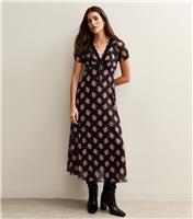 Women's Black Floral Print Lace Trimmed Mesh Midi Dress New Look