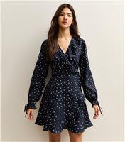 Women's Blue Crepe Spot Ruffle Wrap Mini Dress New Look