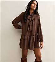 Women's Dark Brown Tie Neck Smock Mini Dress New Look