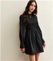 Women's Black Shirred Bodice Long Sleeve A-line Mini Dress New Look