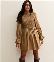 Women's Light Brown Shirred Bodice Long Sleeve A-line Mini Dress New Look