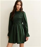 Women's Dark Green Shirred Bodice Long Sleeve A-line Mini Dress New Look
