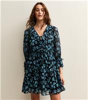 Women's Black and Blue Floral Chiffon Mini Dress New Look