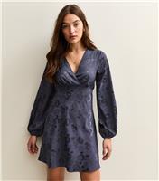Women's Navy Floral Jacquard V-Neck Mini Dress New Look