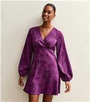 Women's Purple Floral Jacquard V-Neck Mini Dress New Look