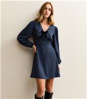 Women's Blue Polka Dot Print Bow Trim Long Sleeve Mini Dress New Look