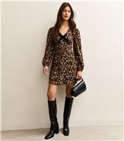 Women's Brown Animal Print Velvet Bow Mini Dresss New Look