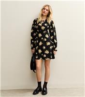 Women's Black Floral Print Collared Keyhole Neck A-line Mini Dress New Look