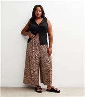 Women's Plus Size Brown Leopard Print Plisse Cropped Trousers Curves New Look