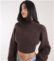 Women's Dark Brown High Neck Cropped Jumper Pink Vanilla New Look