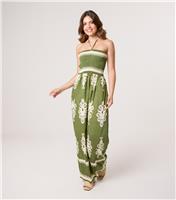 Women's Khaki Patterned Halterneck Jumpsuit Blue Vanilla New Look