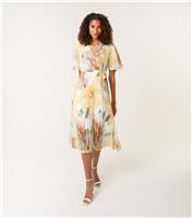 Women's Bright Yellow Floral Print Pleated Midi Dress Blue Vanilla New Look