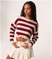 Women's Burgundy Striped Distressed Cropped Jumper Pink Vanilla New Look