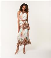 Women's Dark Khaki Floral Print Pleated Midi Dress Blue Vanilla New Look